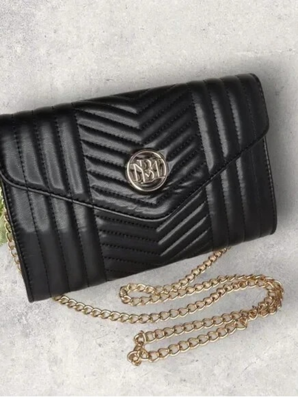 Badgley Mischka Black Quilted Crossbody Bag with Gold Chain